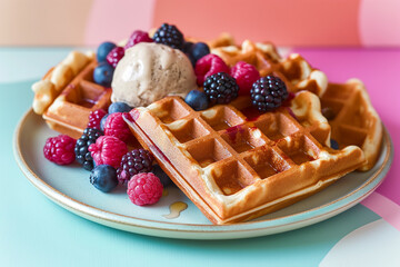 waffles with berries and chocolate, A delectable plate adorned with tasty waffles, fresh berries, and a generous scoop of creamy ice-cream, set against a vibrant color background