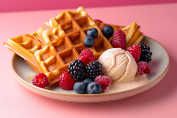 waffles with berries and cream, A delectable plate adorned with tasty waffles, fresh berries, and a generous scoop of creamy ice-cream, set against a vibrant color background