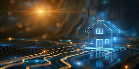 Obraz premium Futuristic Blue Smart Home Miniature in Abstract Background. Concept Home Automation, Futuristic Technology, Blue Aesthetics, Abstract Art, Miniature Models