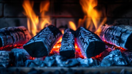 Burning logs create flames in fireplace, emitting heat and blue tints