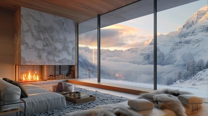 A cozy living room with fireplace, snowy mountain view