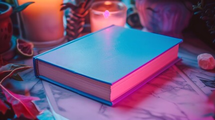 Book cover mockup on table in neon light