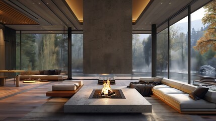 A cozy living room with fireplace, snowy mountain view