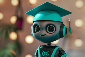 cute robot with graducation cap, A little cute robot stands proudly, wearing a turquoise graduation cap atop its head, its beautiful big eyes shining with excitement and determination