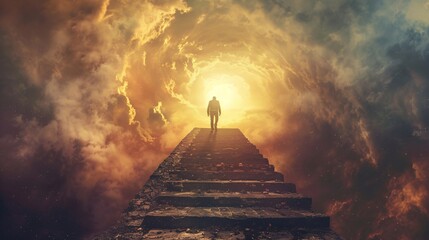 Conceptual image of a businessman walking up a stairway to heaven