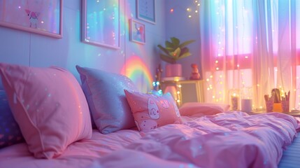 Purple pillow and pink sheets in rainbowlit bedroom