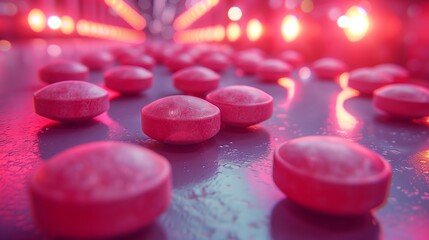A circle of magenta pills, sweet pink medicine on a table