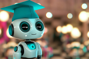 robot toy with cap, A little cute robot stands proudly, wearing a turquoise graduation cap atop its head, its beautiful big eyes shining with excitement and determination