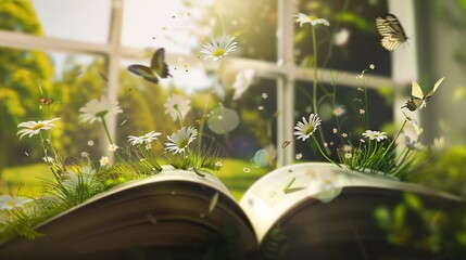 Butterflies and flowers emerge from an open book in a natural environment