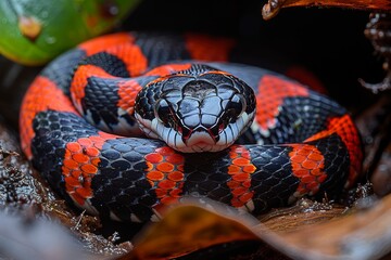 Mangrove Snake: Coiled among mangrove roots with vibrant red and black stripes, symbolizing habitat.