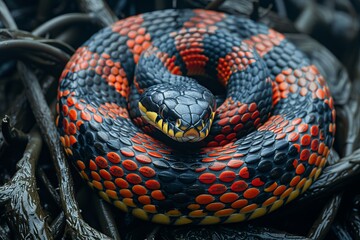 Mangrove Snake: Coiled among mangrove roots with vibrant red and black stripes, symbolizing habitat.