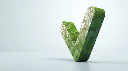 Green grass letter v on white surface, made of plant material