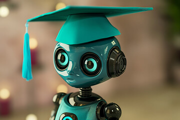 cute robot with graducation cap, A little cute robot stands proudly, wearing a turquoise graduation cap atop its head, its beautiful big eyes shining with excitement and determination
