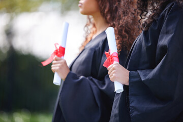 University, hands and women with certificate at graduation, ceremony or outdoor campus event...