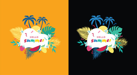 Hello summer vector illustration summer sale banner yellow and black background poster flyer design element