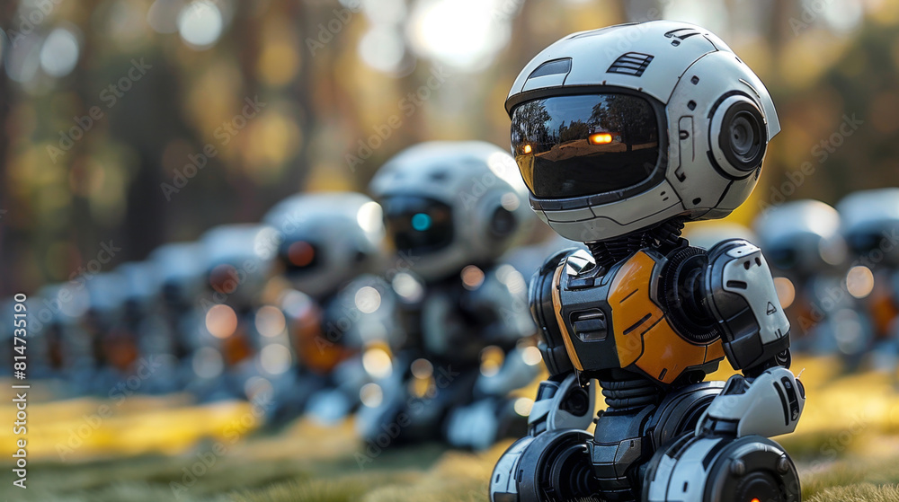 Poster A group of robots are standing in a neat row in a field, their metallic bodies glinting in the sunlight.