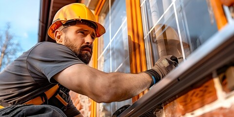 Skilled worker installing an aluminum window in a red brick house. Concept Home Renovation, Aluminum Windows, Skilled Worker, Red Brick House, Installation Process