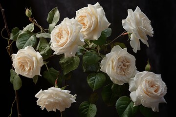 Close-up of white roses with dew, highlighting their delicate beauty against a dark background