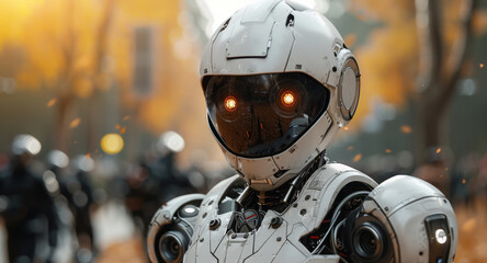 A white robot with orange eyes stands in the middle of a city, surrounded by buildings and bustling streets.