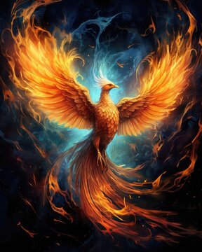 The mythical phoenix, a symbol of rebirth and renewal, emerges from the ashes in a fiery blaze of glory.