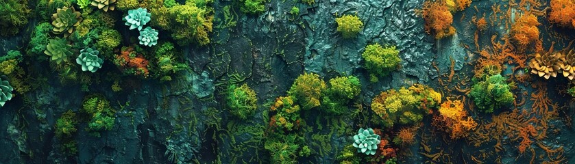 Generate a seamless texture of a vertical garden with a variety of plants, including mosses, ferns, and succulents