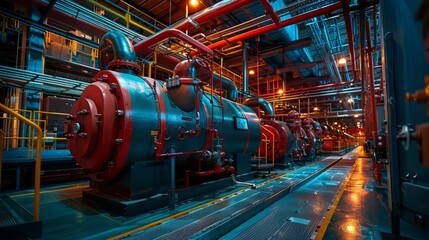 Obraz premium Modern boiler room with red and blue pressure tanks.