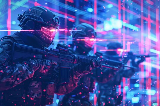 A dynamic scene of digital warriors guarding a blockchain structure, equipped with futuristic cyber weapons