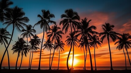 Obraz premium Sunset on a tropical beach with palm trees and rocks. Serene beauty is captured in this exquisite coastal oasis. Summer relaxing mood with stunning palm tree