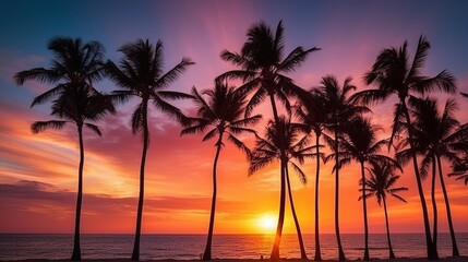 Obraz premium Sunset on a tropical beach with palm trees and rocks. Serene beauty is captured in this exquisite coastal oasis. Summer relaxing mood with stunning palm tree