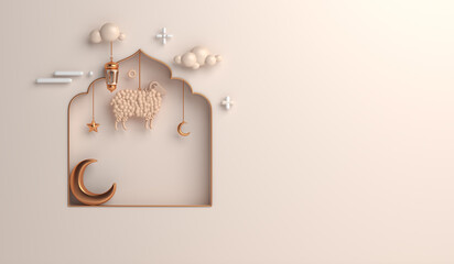 Eid al adha decoration background with goat sheep, arabic lantern, mosque window, ramadan kareem, mawlid, iftar, eid al fitr, muharram, copy space text area, 3D illustration.