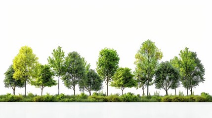 Fototapeta premium A row of lush green trees of various types and heights, set against a solid white background.