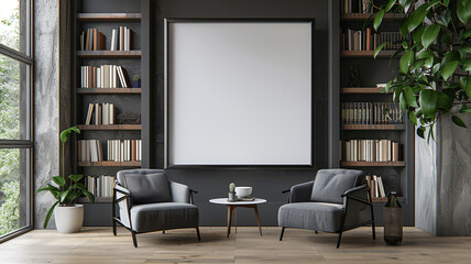 A mockup of an empty black frame on the wall in a modern reading room with armchairs and bookshelves