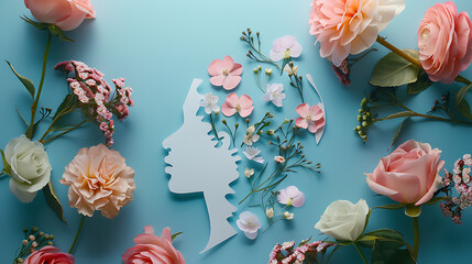 Human head papercut with flowers creativity mental health, emotional wellness, contented emotions  