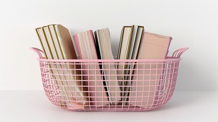 Obraz premium Pink Metal Basket with Books on White Background