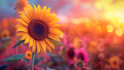 Fototapeta premium Beautiful sunflower on blurred background of a field with blooming flowers