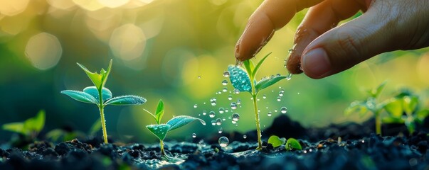 A graphic showing a digital hand pressing a social media icon that sprouts water conservation tips, emphasizing practical advice through digital platforms