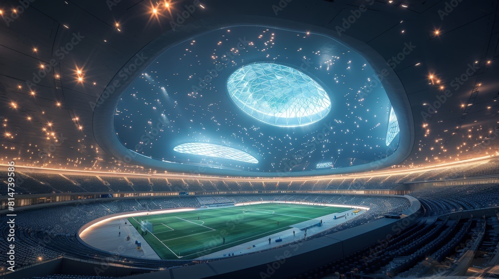 Poster cutting-edge soccer stadium featuring modern architecture, high-tech lighting, and a bustling crowd 
