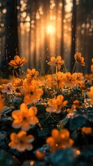 orange yellow wildflower field in forest springtime flower blossoming vertical 9:16 ratio background, beautiful nature collection set, Generative Ai	

