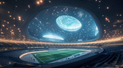 Cutting-edge soccer stadium featuring modern architecture, high-tech lighting, and a bustling crowd during a game.