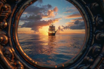 Ship sailing in the sea framed by a round frame, sunset in the background, fantasy concept.