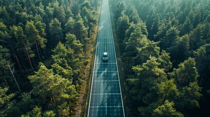 Obraz premium Drone capture of a road that incorporates environmental sensors through a forest, facilitating realtime ESG data collection and analysis