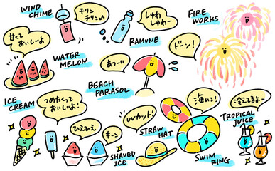 漫画風　日本の夏のイラスト素材セット　顔つき　擬音語　セリフ　効果音　英語