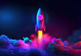 Rocket taking off and colorful smoke coming out of its tail, startup and business concept.