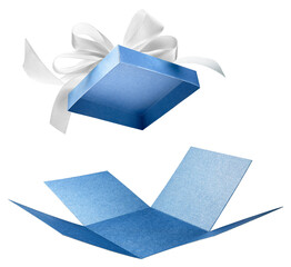 Surprise gift box, blue color open gift box with white bow