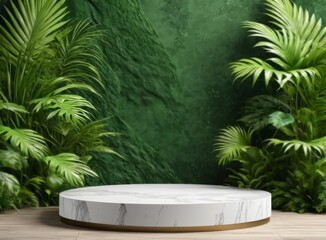 Product background, light marble pedestal and tropical plants in the background