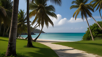 Fototapeta premium Sunlit Tropical Beach with Lush Palms and Rocks. Generative AI.