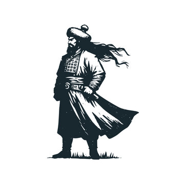 recommend clip art: The mongolian warrior. Black white vector illustration.