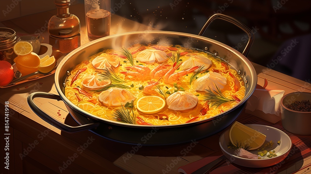 Wall mural Paella with saffron-infused rice and seafood