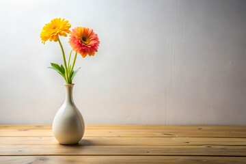 There is a vase with a flower on a wooden table. Texture, Wooden, Isolated.