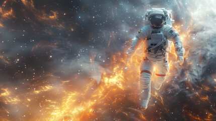 An astronaut in a spacesuit is flying through intense flames engulfing the surroundings.